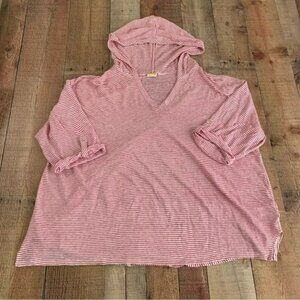 C&C California burnt orange white striped linen oversized 3/4 sleeve hooded top